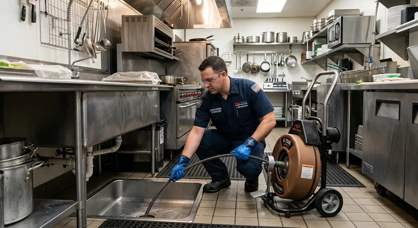 Commercial drain cleaning service in a restaurant kitchen in Elsa