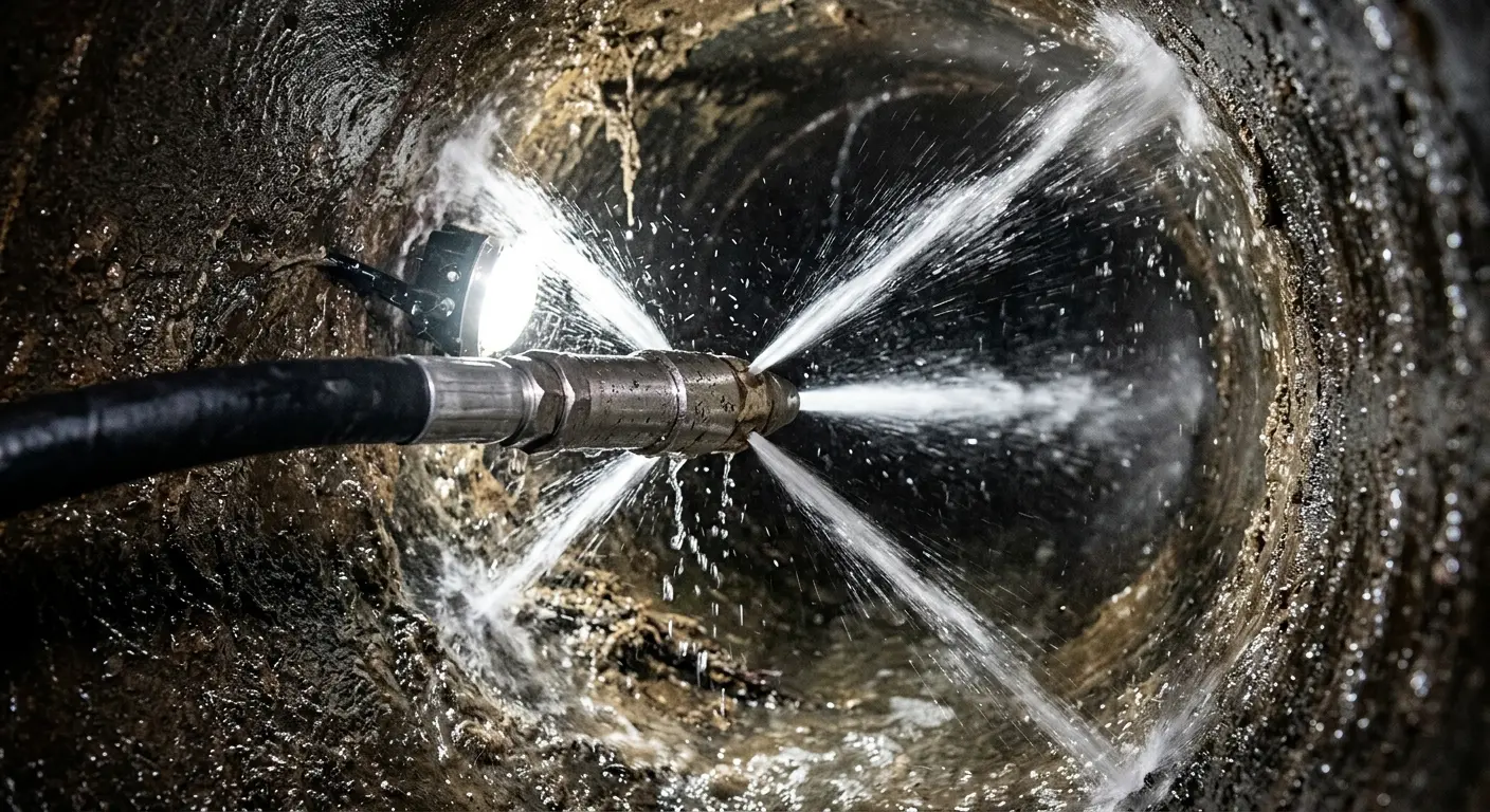 High-pressure hydro jetting nozzle cleaning sewer pipe for Emergency Drain Service in Elsa