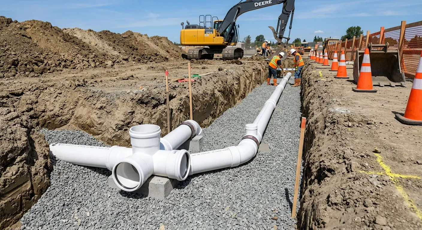 New PVC sewer pipe installation in open trench for Sewer Backup in Elsa