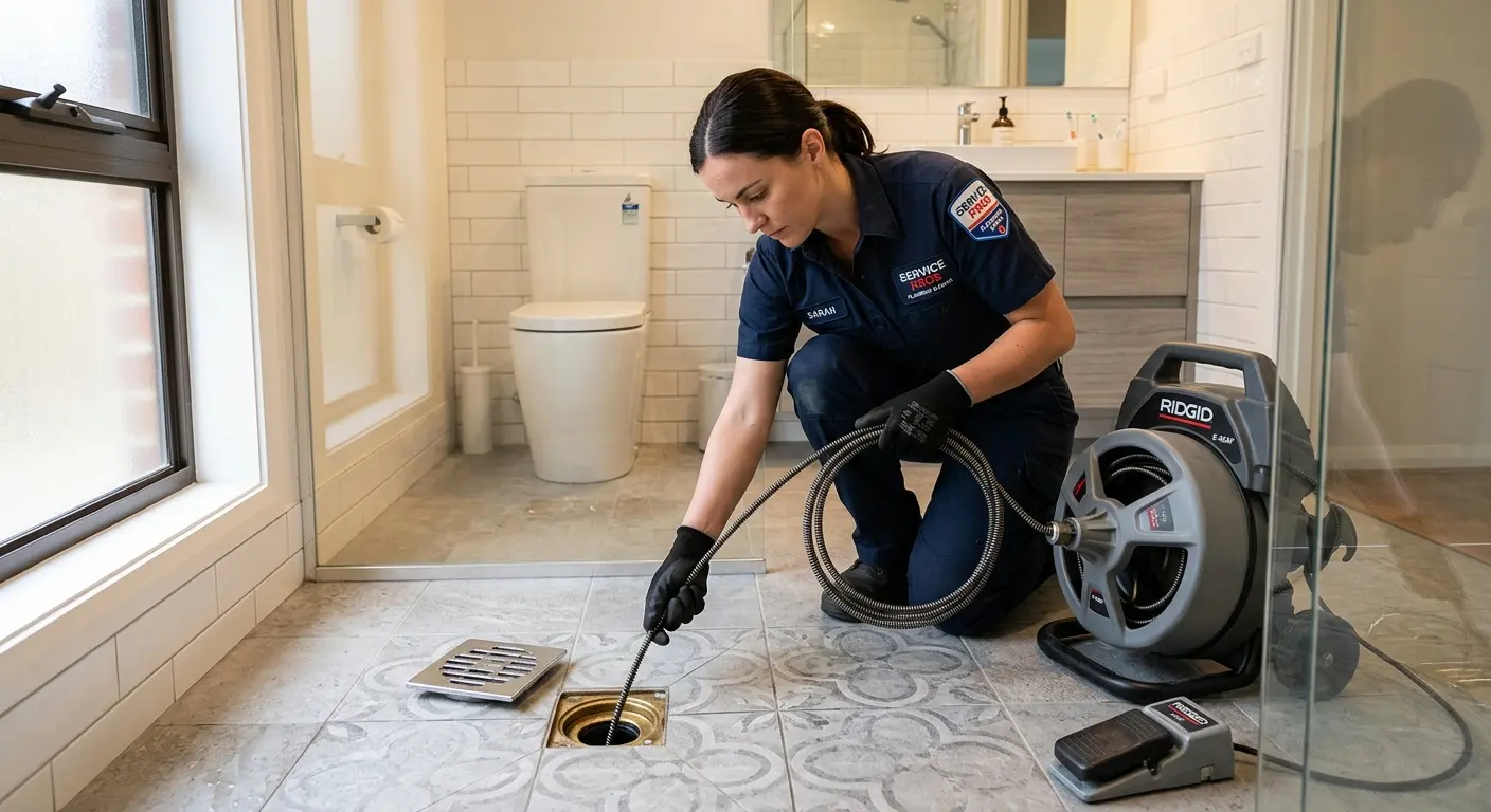 Technician clearing a bathroom floor drain for Drain Cleaning in Elsa